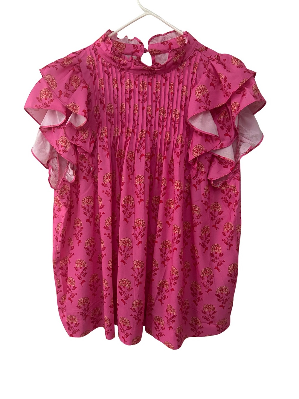 Pink Pleated Floral Print Flutter Sleeve Blouse